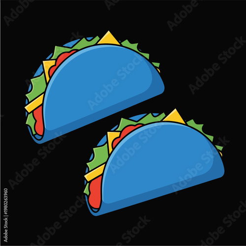 Two Blue Tacos Pixel Art Isolated On Black Background Flat Design