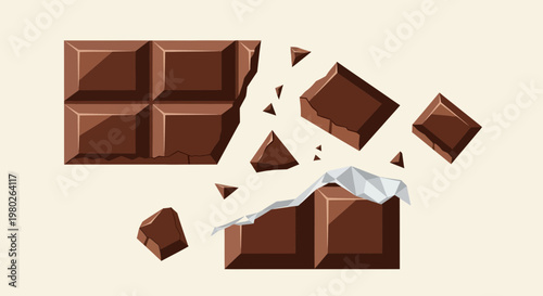 Broken Chocolate Bar with Crumbs Flying, Sweet Dessert Food Illustration