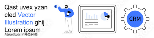 Business management, analytics tools, CRM systems, marketing strategies, data visualization, workflow optimization. Modern graphic CRM gear icon, tablet and professional figure. Business management