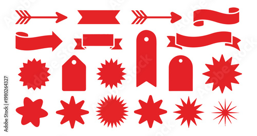 Red marketing promotion elements featuring arrows ribbon banners price tags and starbursts.