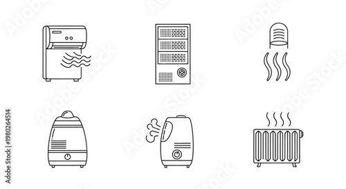 Line art illustration depicting various household appliances for climate control and air purification