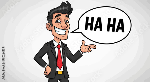 Cartoon Businessman Laughing with "HA HA" Speech Bubble, Expressing Joy and Humor