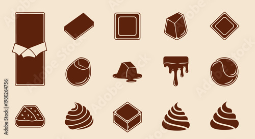 Chocolate Assortment Vector Icons: Bar, Bonbons, Truffles, Cubes
