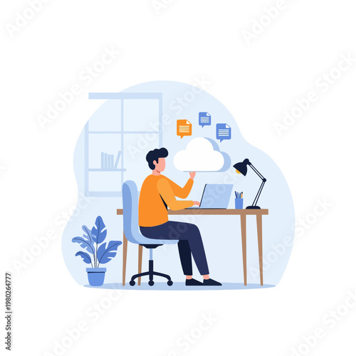 Flat vector illustration of a man sitting at a desk using a laptop to manage digital files on cloud storage, featuring document icons above a cloud in a modern home office space.