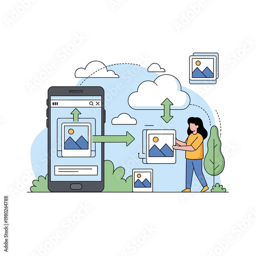 Flat vector illustration of a female user uploading images from a smartphone to cloud server, featuring photo icons, green arrows, and cloud symbols for digital data backup.