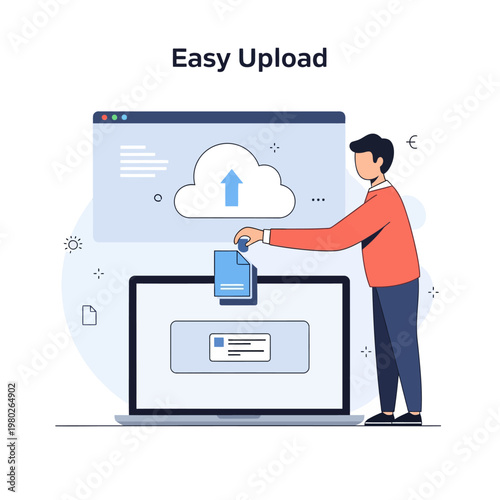 Flat vector illustration depicting a male character dragging a blue file icon from a laptop screen toward a cloud storage upload symbol in a browser window interface.