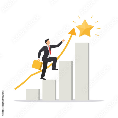 Stylized business person climbing a rising bar chart to reach a golden star, corporate success concept in flat design