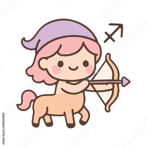 Flat vector illustration of a cute kawaii sagittarius zodiac sign archer character in pastel colors isolated on white