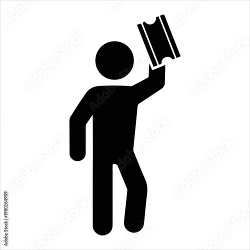 Person holding up a ticket icon.