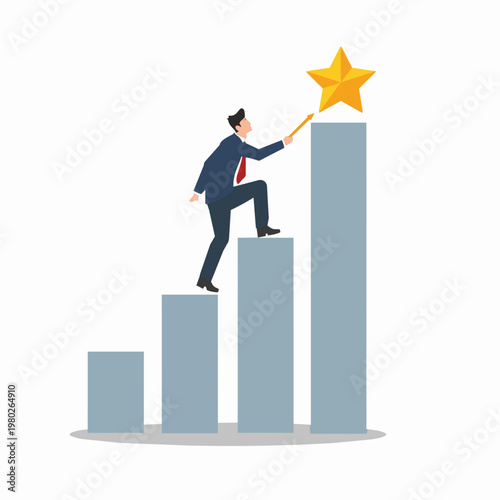 Stylized business person climbing a rising bar chart to reach a golden star, corporate success concept in flat design