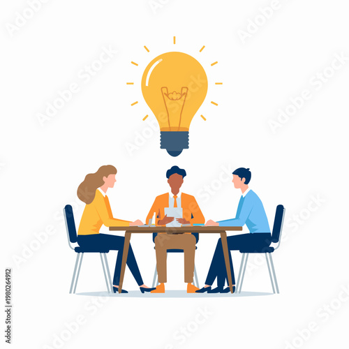Diverse business team brainstorming around a table with a giant floating lightbulb, corporate blue and yellow tones, white background