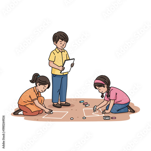 Vector illustration of three children playing outdoors; two girls are kneeling on the ground drawing with chalk on a patch of dirt while a boy stands holding a sketchbook.