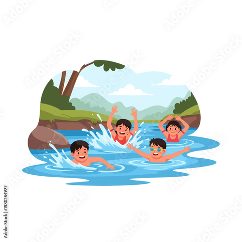 Flat vector illustration of four happy children swimming and splashing in a clean blue river surrounded by green trees and hills, kids playing in water during summer vacation.
