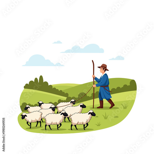 Vector illustration of a male shepherd wearing a hat and blue robe holding a wooden staff while guiding a flock of white sheep across green rolling hills and grassy pasture.