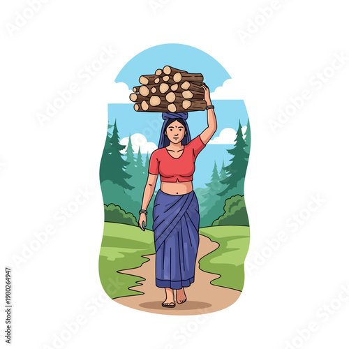Vector illustration of a South Asian village woman walking along a rural path while balancing a large bundle of firewood on her head, wearing a red top and a blue long skirt.