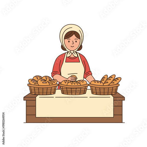 Illustration of a local village woman wearing traditional headscarf and apron selling fresh homemade bread and pastries from wicker baskets at a wooden market stall display.