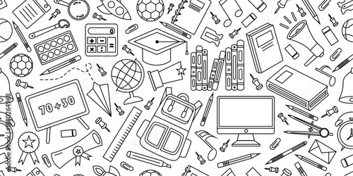 School supplies seamless pattern. School attributes seamless pattern. Student accessories repeat background. Back to school banner. Education doodle pattern background.