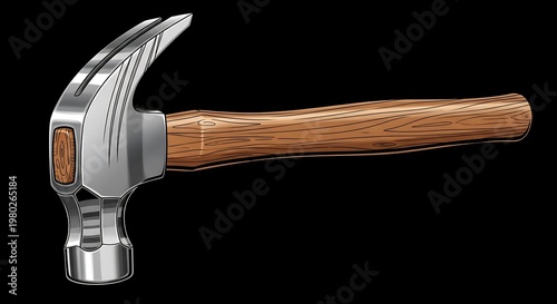 Detailed illustration of a claw hammer, metallic head, wooden handle, black background