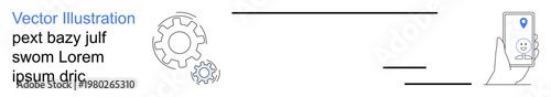 Technology, navigation, digital tools, user interface, industry, technical process. A smartphone with location pin and gears digital concepts. Technology and navigation ideas