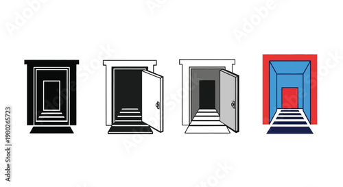 A series of four doorway illustrations depicting varying perspectives and color schemes