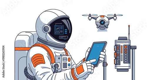 Astronaut in Space Suit Holding Tablet.