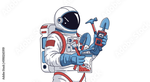 Astronaut in Space Suit Holding Tools.