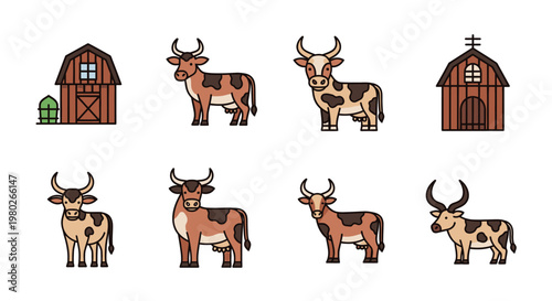 Brown cows with large horns standing.