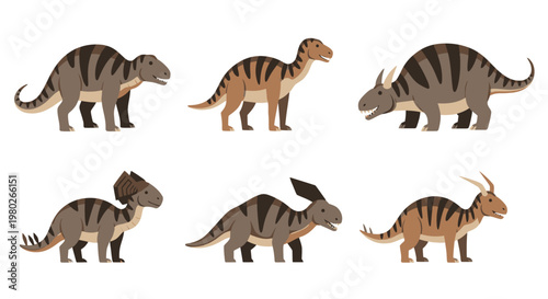 Brown toy dinosaurs standing side by side.