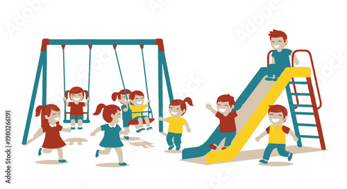 Children playing on colorful playground equipment.