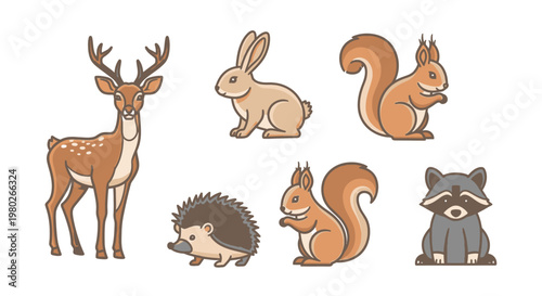 Collection of forest animals standing still.