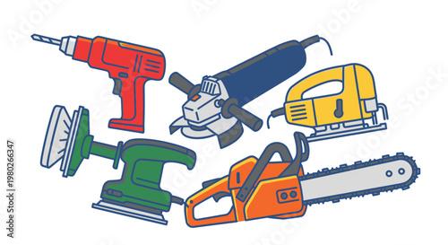 Collection of power tools equipment.