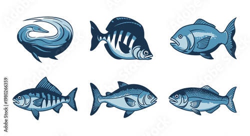 Collection of various blue fish species.