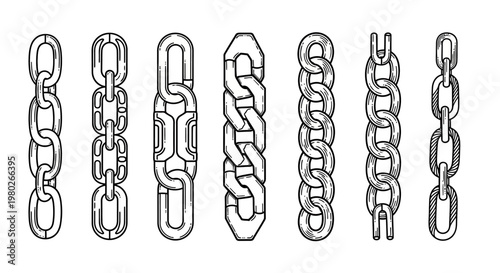 Collection of various metal chain links.