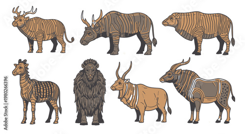 Colorful animals with skeleton designs.