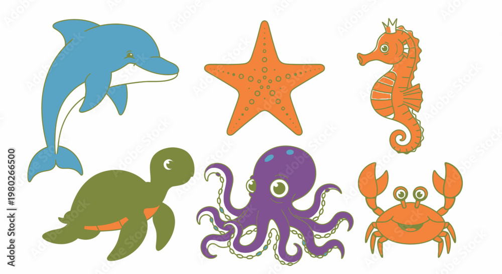 Obraz premium Colorful sea creatures on white background.