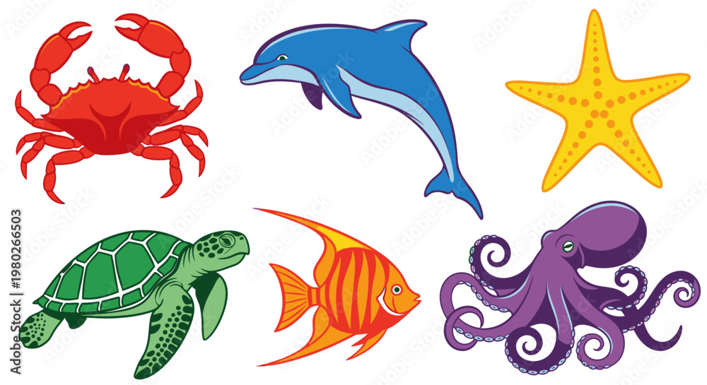 Fototapeta premium Colorful ocean sea creatures icons set.