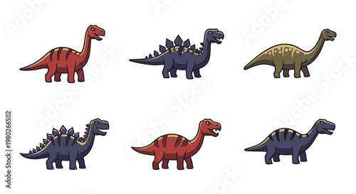 Colorful toy dinosaurs in row.