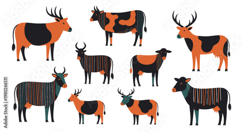 Colorful wildebeest in various poses.