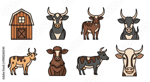 Cows and bulls in cartoon style.