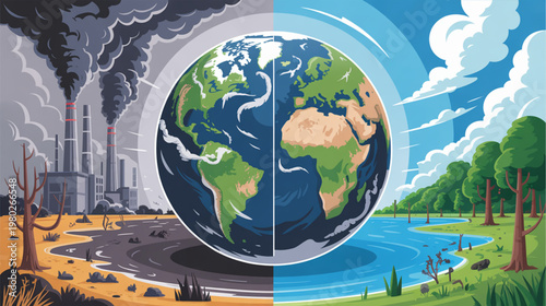 Eco friendly earth, pollution contrast, environmental change, globe illustration, climate crisis