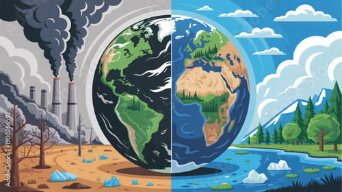 Environmental contrast, pollution vs nature, earth divided, eco crisis, globe illustration
