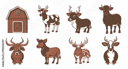 Cows and deer farm animals standing.