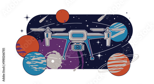 Drone in Space with Planets Orbiting.