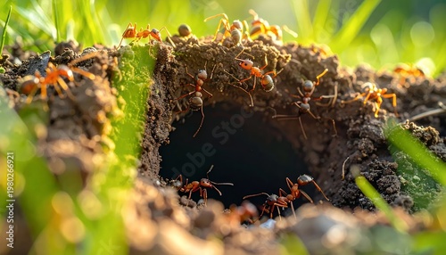 Close-up of a bustling ant colony entrance in a grassy field on a sunny day.
