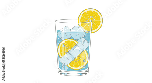 Glass with ice and lemon slices.