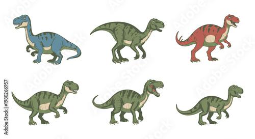 Group of cartoon dinosaurs walking together.