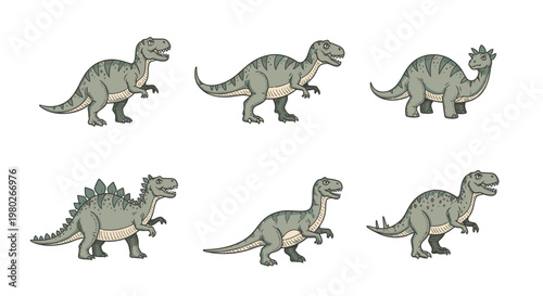 Group of different dinosaur toys walking.