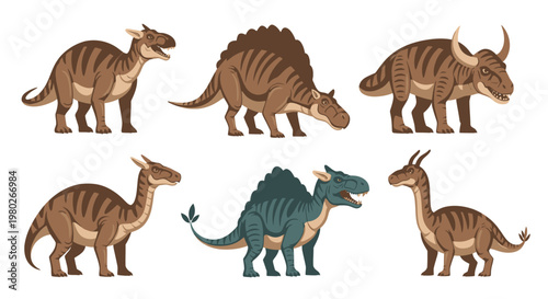 Group of dinosaurs standing together outside.