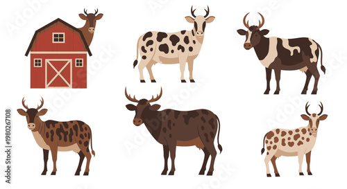 Group of Various Cow Species Standing.