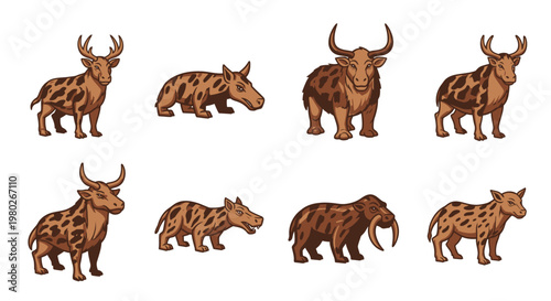 Group of various animal species standing.